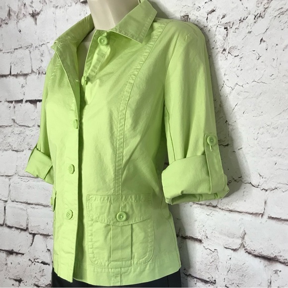 TALBOTS Petite Size 4P Lime Green lightweight Safari cotton blazer jacket - Picture 9 of 15